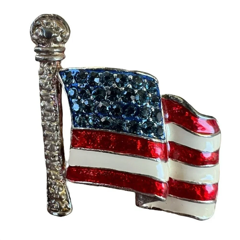 Vintage American Flag Patriotic Brooch Pin Rhinestone Enamel Waving Flag